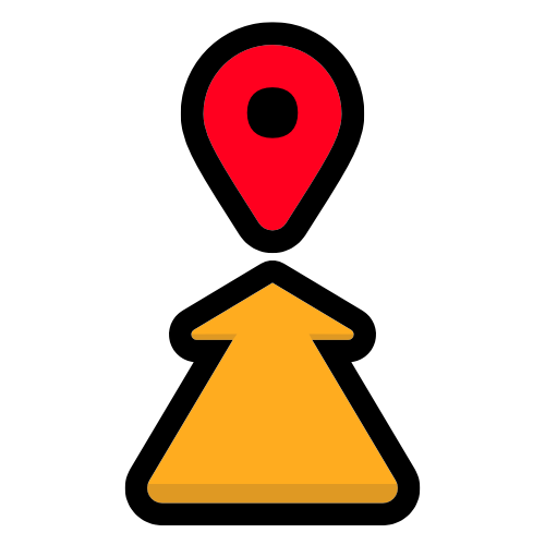 an orange arrow pointing up to a location marker